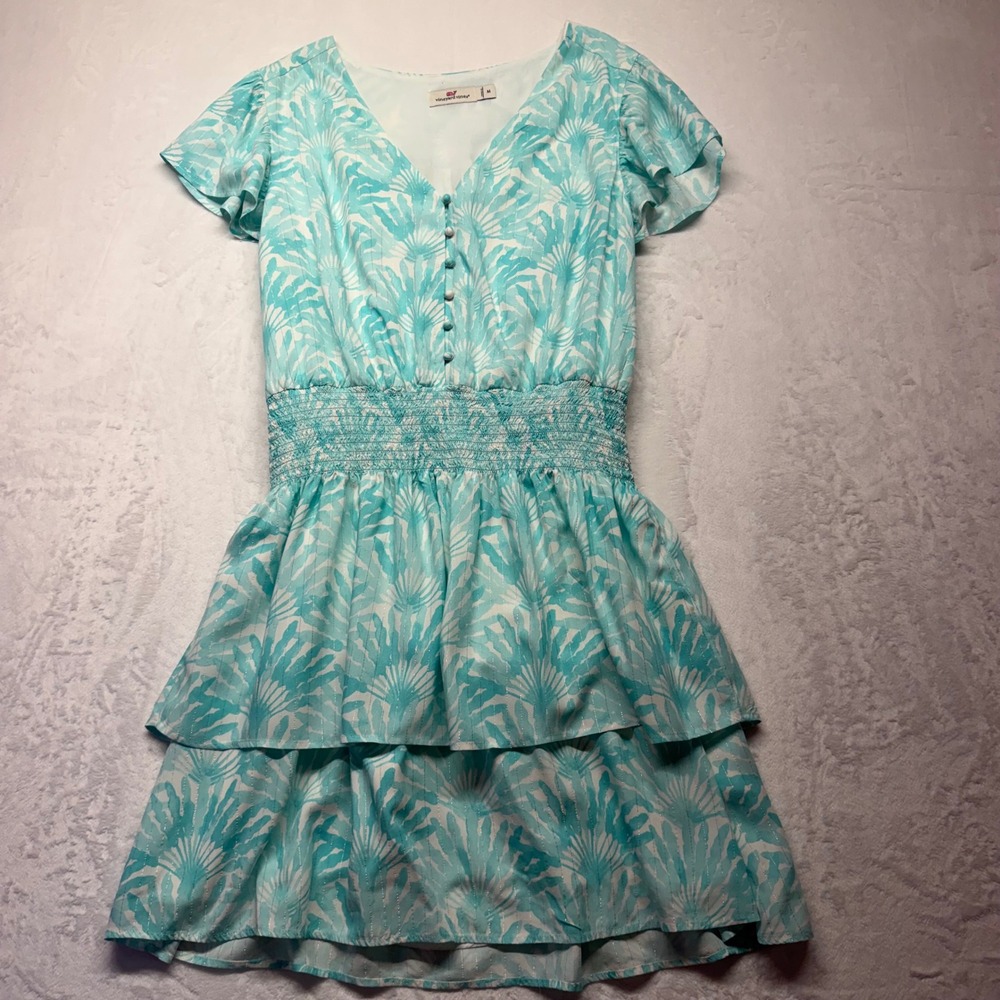 Vineyard Vines Tiered Smocked Mini Dress M Turquoise Palm Metallic Women Coastal